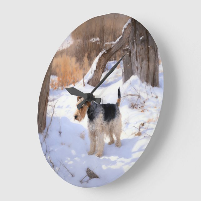 Grande Horloge Ronde Fil Fox Terrier Laisser neiger Noël (Angle)
