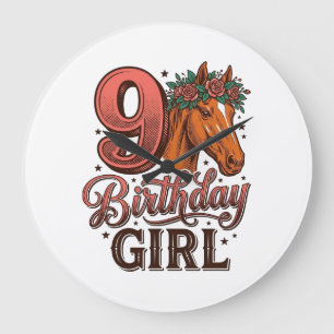 Grande Horloge Ronde Fille 9 ans Fleur Cheval Design Vintage