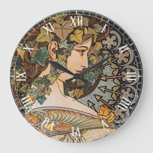Grande Horloge Ronde Fille aux Cheveux de Lierre Peinture d'Alphonse Mu