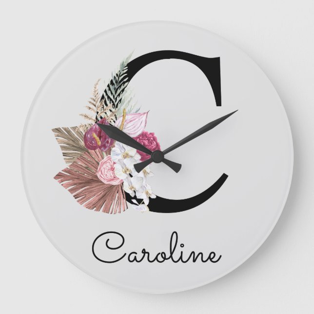 Grande Horloge Ronde Fille Boho rose moderne Floral C initial (Recto)