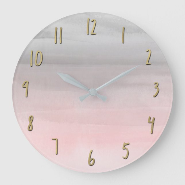 Grande Horloge Ronde Fille d'aquarelle moderne rose et gris brillant (Recto)