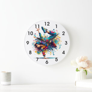 Grande Horloge Ronde Fille de breakdance colorée Art
