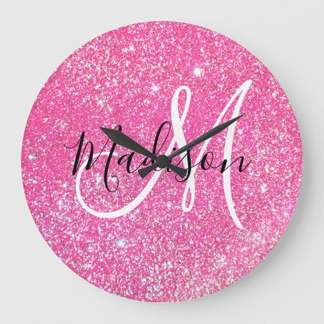 Grande Horloge Ronde Fille Glam Hot rose Parties scintillant étincelles (Recto)