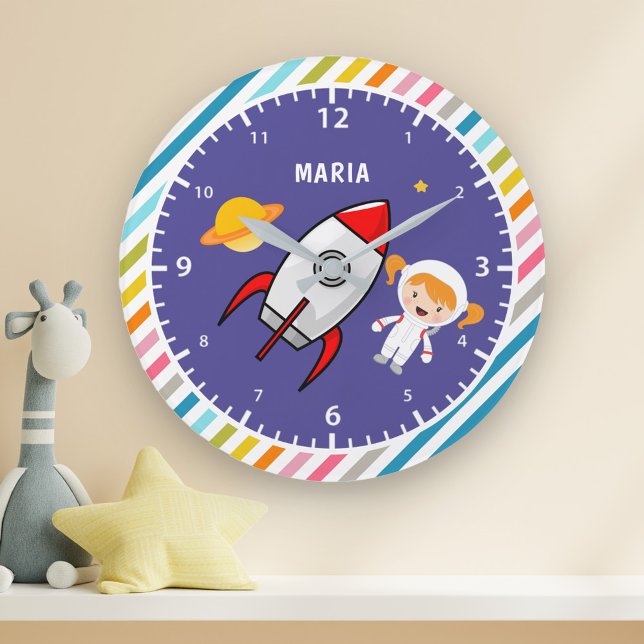 Grande Horloge Ronde Fille mignonne Astronaute Espace Extérieur Fusée C (Créateur téléchargé)