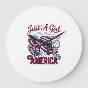 Grande Horloge Ronde Fille Patriotique America Été Vintage T-Shirt Desi
