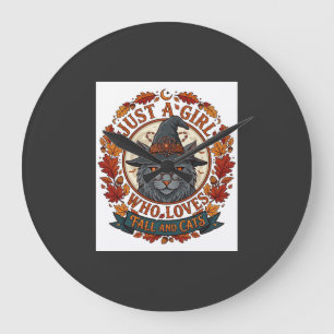 Grande Horloge Ronde Fille qui aime les chats Halloween Sorcière Automn