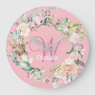 Grande Horloge Ronde Fille rose Douces Roses d'Été Monogramme Initial