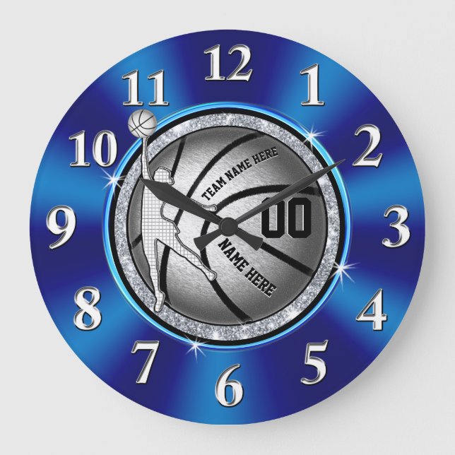 Grande Horloge Ronde Filles Bleu, Argent Personnalisé Basket-Ball Horlo (Recto)