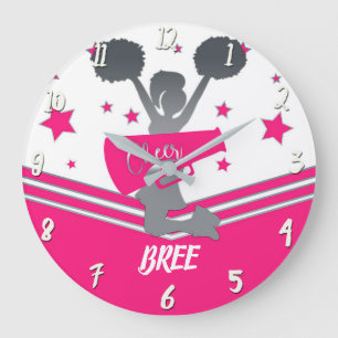 Grande Horloge Ronde Filles de cheerleading Hot Pink & White Stars