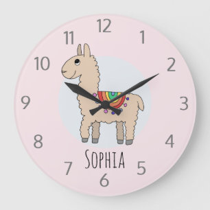 Grande Horloge Ronde Filles mignonne Arc-en-ciel Llama Dessin et nom En