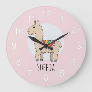 Grande Horloge Ronde Filles mignonne rose arc-en-ciel Llama et nom Enfa