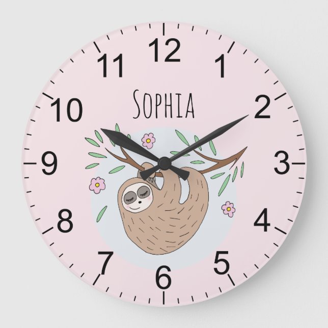 Grande Horloge Ronde Filles mignonne rose couchage Sloth et nom Enfants (Recto)