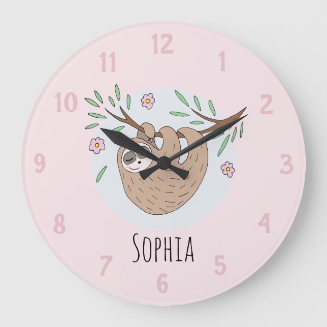 Grande Horloge Ronde Filles Mignonnes Sloth Dormant Animal et Nom Enfan (Recto)