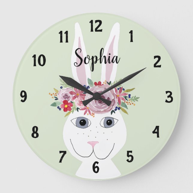 Grande Horloge Ronde Filles Whimsical Floral Aquarelle Rabbit et nom (Recto)