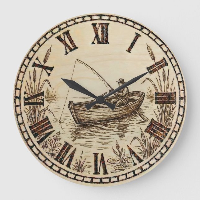 Grande Horloge Ronde Fishing Boat Wall Clock – Wood-Burned Style (Recto)