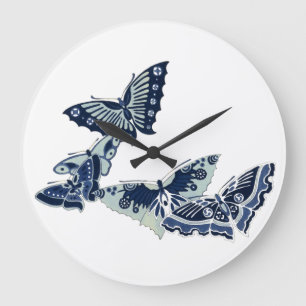 Grande Horloge Ronde Five Vintage Blue Butterflies