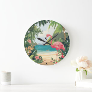 Grande Horloge Ronde Flamant rose Beach Tropical