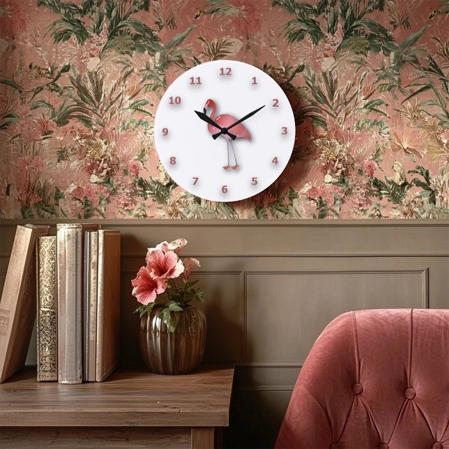 Grande Horloge Ronde Flamant rose brillant avec des chiffres roses (Créateur téléchargé)