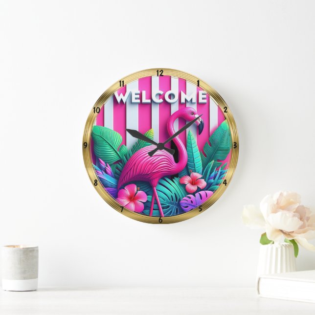 Grande Horloge Ronde Flamant rose de bienvenue Tropical Stripe (Maison)
