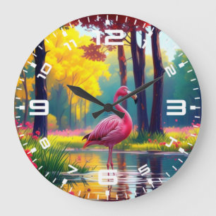Grande Horloge Ronde Flamant rose debout dans le lac-365476