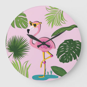 Grande Horloge Ronde Flamant rose Palm Feuille Tropical Design