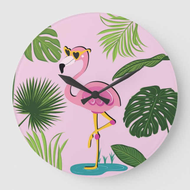 Grande Horloge Ronde Flamant rose Palm Feuille Tropical Design (Recto)