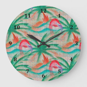 Grande Horloge Ronde Flamant rose Palm Tree Burlap Look