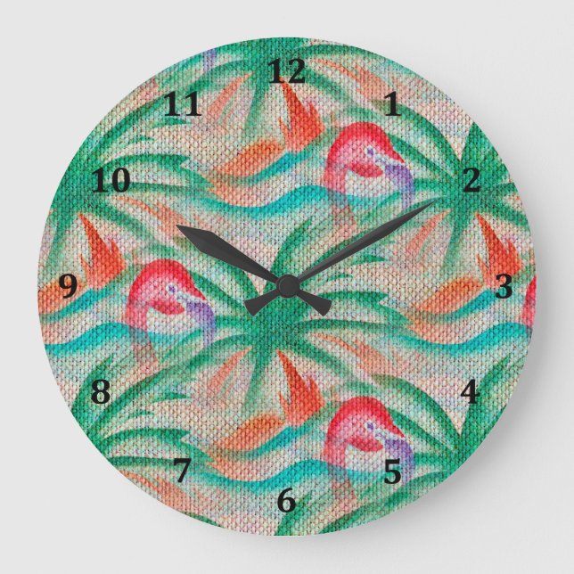 Grande Horloge Ronde Flamant rose Palm Tree Burlap Look (Recto)