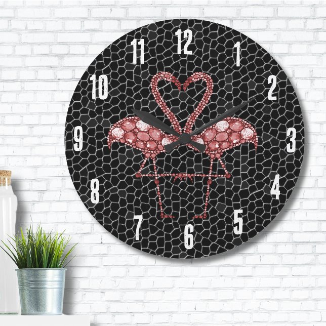 Grande Horloge Ronde Flamant rose rose (Contemporary Abstract Modern Black Pink Flamingo Large Clock)