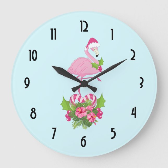 Grande Horloge Ronde Flamant rose rose à Santa Hat Noël Whimsical (Recto)