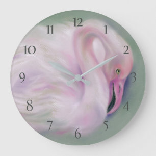 Grande Horloge Ronde Flamant rose rose doux Pastel