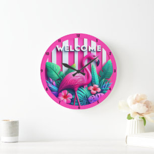 Grande Horloge Ronde Flamant rose rose Fleurs Plantes tropicales Accent