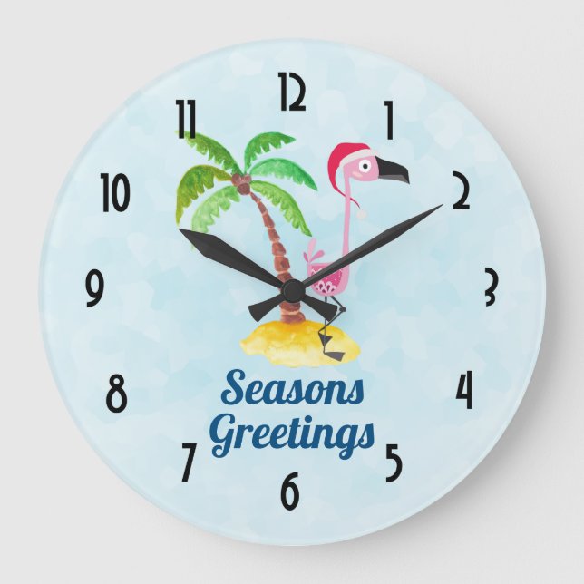 Grande Horloge Ronde Flamant rose rose Joyeuses Fêtes à Santa Hat (Recto)