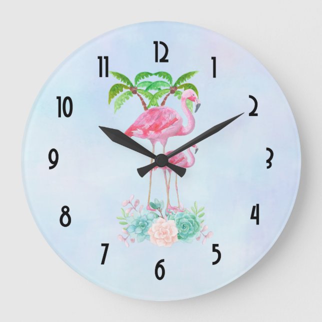 Grande Horloge Ronde Flamant rose rose Momma & bébé avec palmiers (Recto)