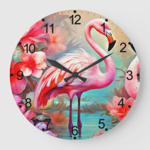 Grande Horloge Ronde Flamant rose rose tropical avec fleurs-87361
