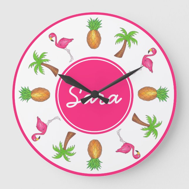 Grande Horloge Ronde Flamant rose rose Tropical Island Palm Tree Ananas (Recto)