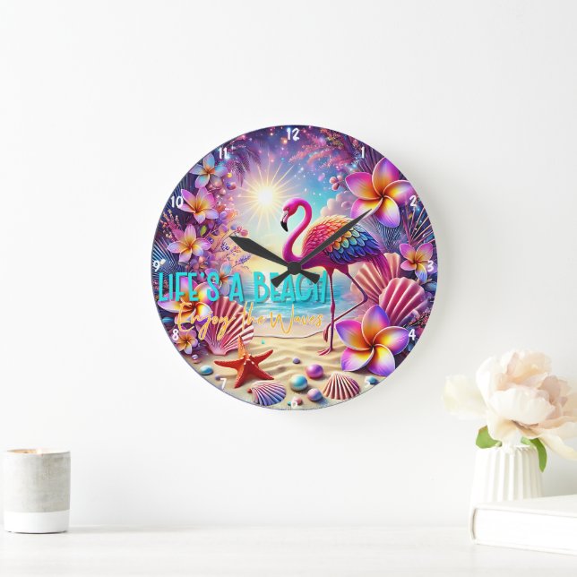 Grande Horloge Ronde Flamant rose tropical coloré Sunset Beach (Maison)