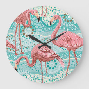 Grande Horloge Ronde Flamant rose Tropical : Papier peint Floral Vintag