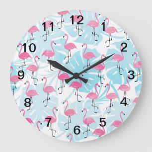 Grande Horloge Ronde Flamants gracieux et feuilles de monstère