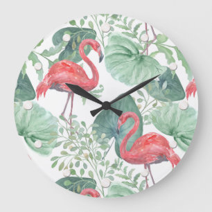 Grande Horloge Ronde Flamants roses et feuilles à l'aquarelle.