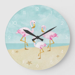 Grande Horloge Ronde Flamants roses roses d'aquarelle sur la plage