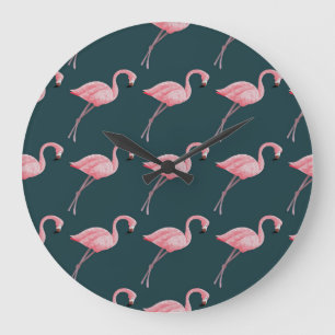 Grande Horloge Ronde Flamants roses sur motif bleu vintage sans soudure