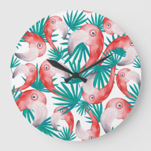 Grande Horloge Ronde Flamingo dessiné à la main : aquarelle motif sans 