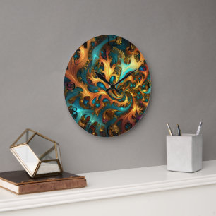 Grande Horloge Ronde Flammes Abstraites or Turquoise orange,