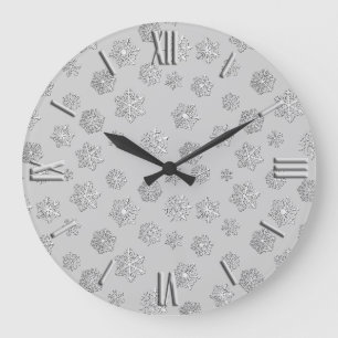 Grande Horloge Ronde Flammes de neige en argent 3-d sur un arrière - pl