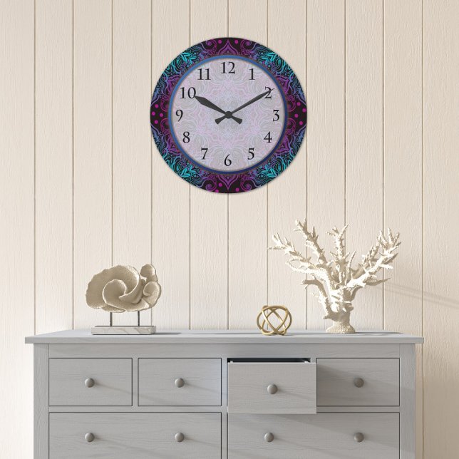 Grande Horloge Ronde Fléau de neige bleu Turquoise pourpre Mandala Flou (Créateur téléchargé)