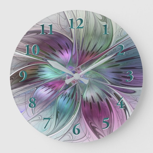 Grande Horloge Ronde Fleur Abstraite Colorée Art Fractal Floral Moderne (Recto)