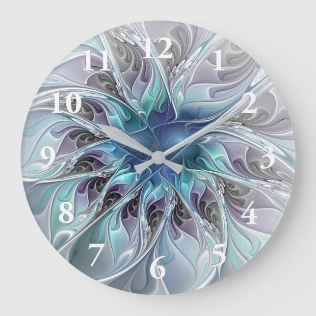 Grande Horloge Ronde Fleur Abstraite Fractale Moderne Avec Bleu (Recto)