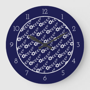 Grande Horloge Ronde Fleur blanche moderne motif marine frontière bleue