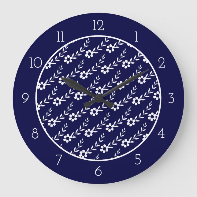 Grande Horloge Ronde Fleur blanche moderne motif marine frontière bleue (Recto)